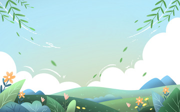 手绘卡通春天花草草坪树叶背景