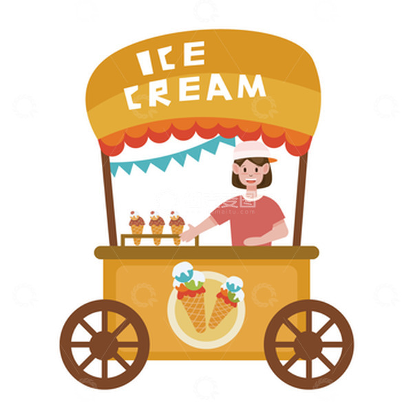 源文件下载【趣麦麦图】-夏季冰激凌小推车插画元素