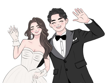 白色情侣婚纱可爱风人物手绘插画元素