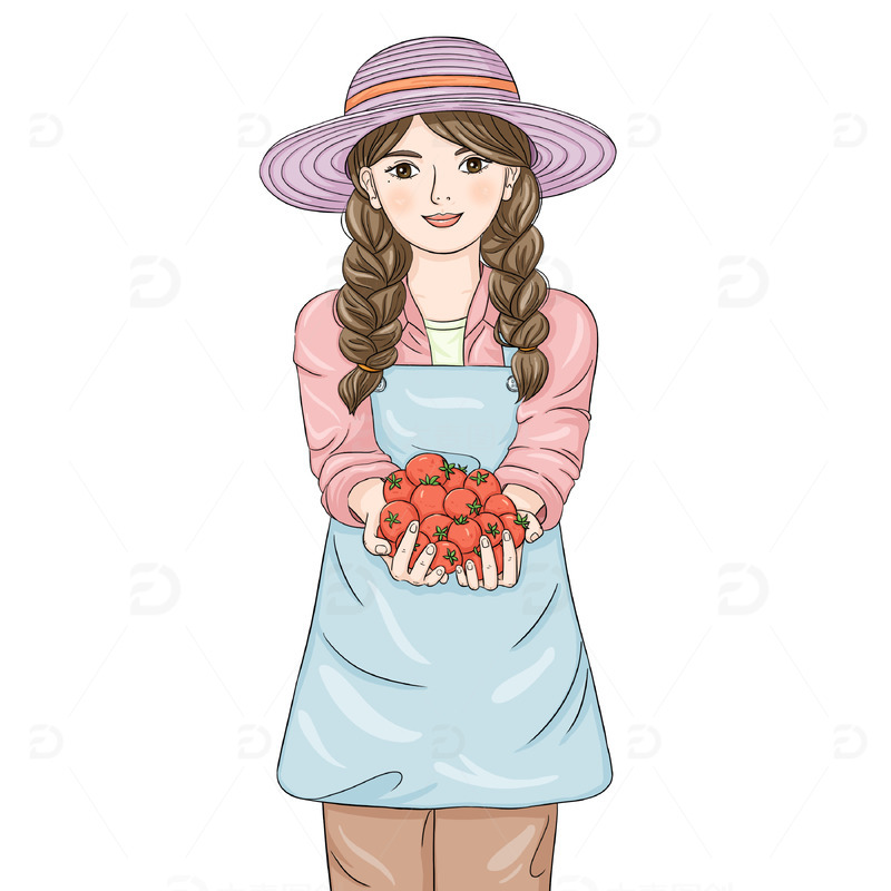 手绘清新五一劳动节农家女孩手捧圣女果劳作