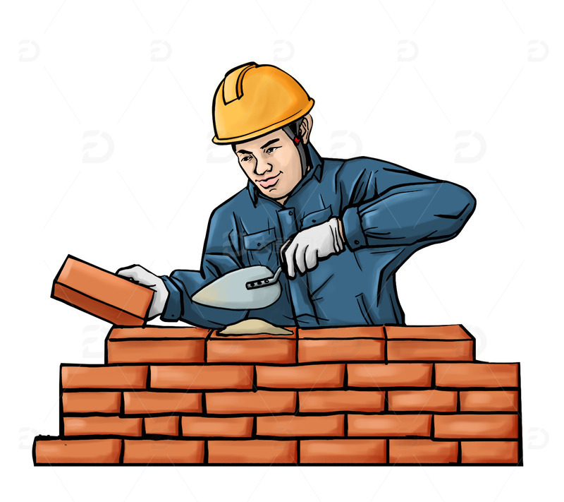 手绘砌墙工人