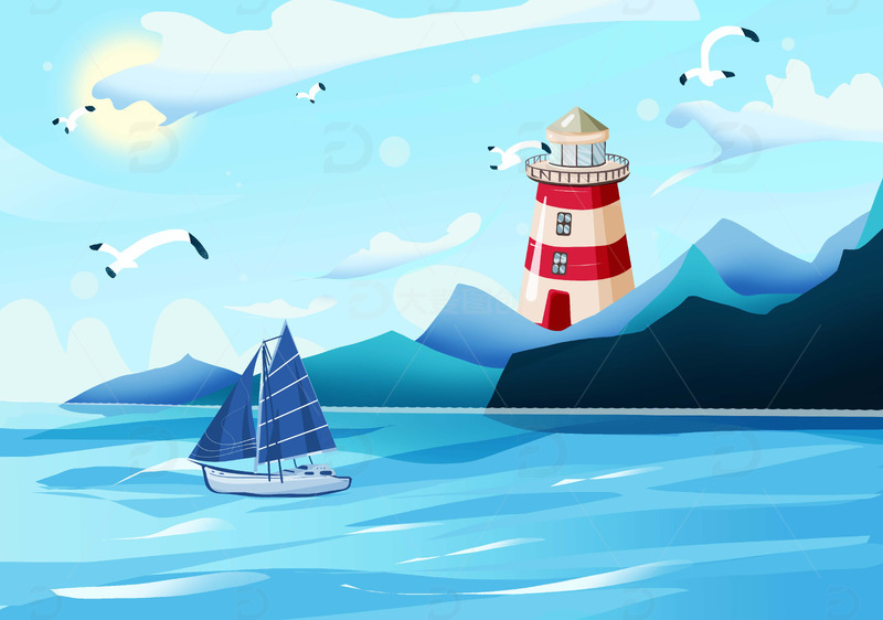 手绘海洋扁平化风瞭望塔帆船