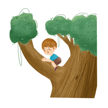 手绘插画风小孩子爬树
