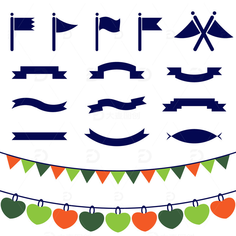 五四青年节旗帜飘带素材图标爱心小彩旗标题