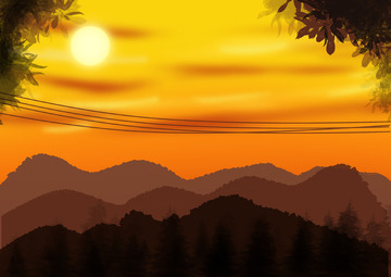 落日晚霞风景手绘