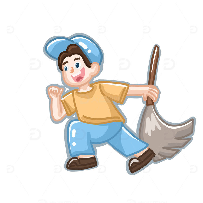 五一劳动节男孩做家务扫地手绘