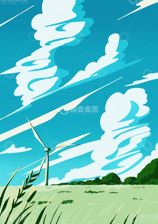 源文件下载【趣麦麦图】-手绘蓝天草地风景插画背景