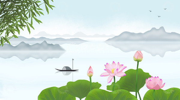 源文件下载【趣麦麦图】立夏小清新夏天荷塘水墨场景荷花荷叶