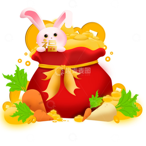 源文件下载【趣麦麦图】春节兔子福气元宝金币钱袋