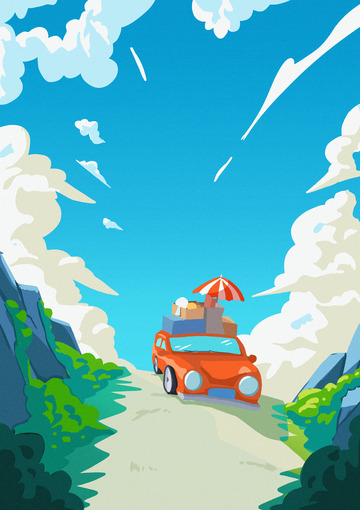 手绘旅行自驾游出发插画背景
