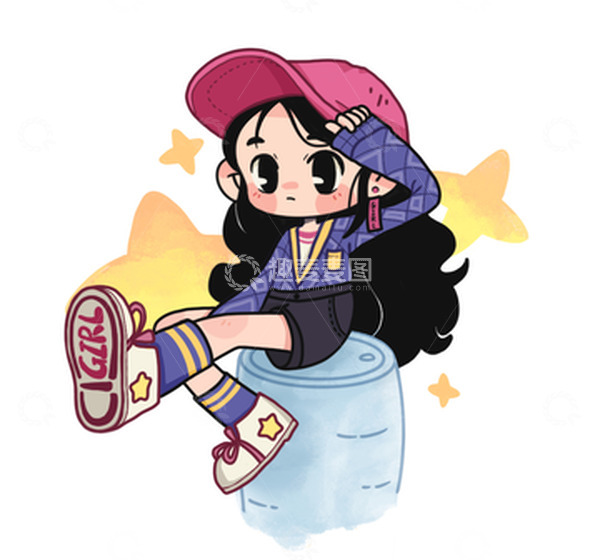 源文件下载【趣麦麦图】卡通可爱女孩黑发大眼酷潮原创手绘插画