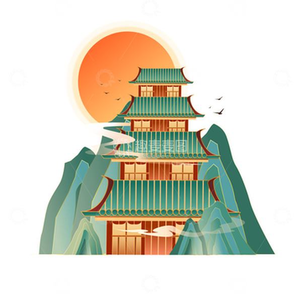 源文件下载【趣麦麦图】中国风复古传统建筑阁楼装饰插画