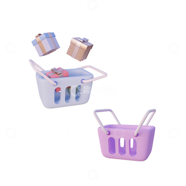 源文件下载【趣麦麦图】3D立体卡通购物篮筐购物车电商礼盒