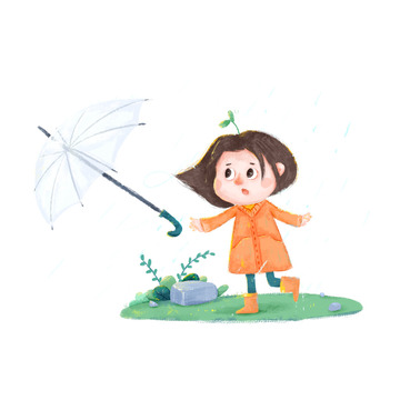 雨天小女孩的雨伞被风吹走