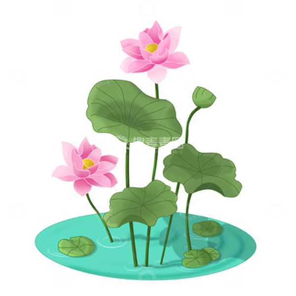 源文件下载【趣麦麦图】盛开的荷花池塘荷叶手绘图