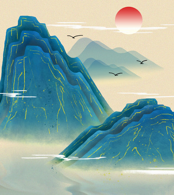 青绿色国潮山水古风手绘插画