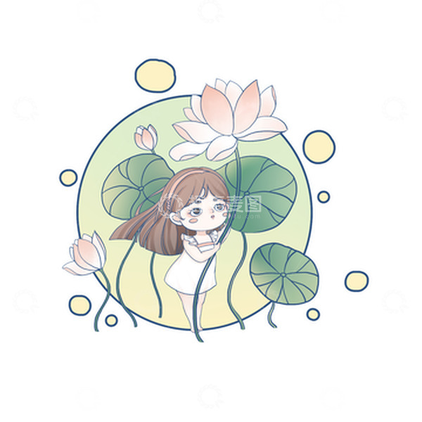 源文件下载【趣麦麦图】手绘立夏清新荷花荷叶女孩插画