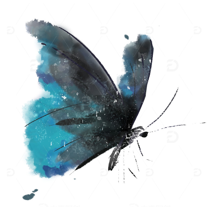 源文件下载【趣麦麦图】蓝色水墨蝴蝶