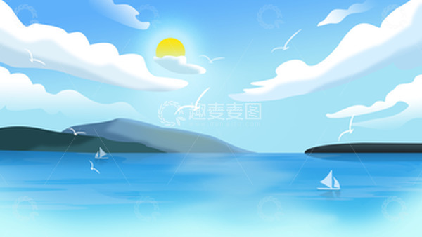 源文件下载【趣麦麦图】蓝天大海白云海鸥太阳卡通手绘背景图