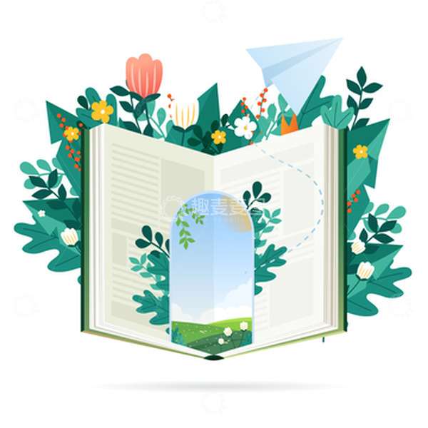 源文件下载【趣麦麦图】-小清新春天书籍读书风景植物手绘插画