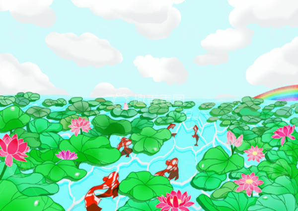 源文件下载【趣麦麦图】荷塘雨后彩虹锦鲤荷花开