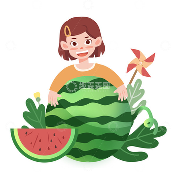 源文件下载【趣麦麦图】西夏季时节卡通元素抱着西瓜的小女孩