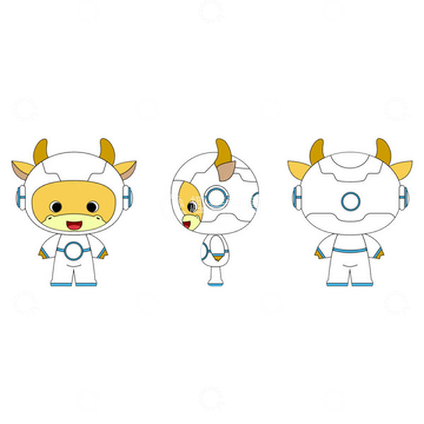 源文件下载【趣麦麦图】科技感卡通牛企业形象宇航员公仔三视图