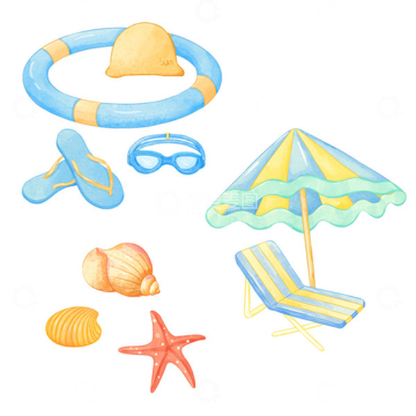 水彩夏天户外沙滩海滩立夏旅游度假游泳物品