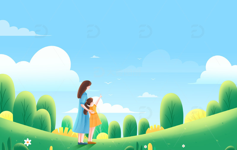 立夏亲子出游看花草蓝天白云插画背景