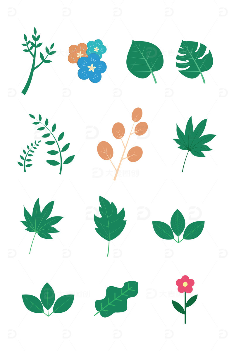矢量扁平风植物叶子花春天元素