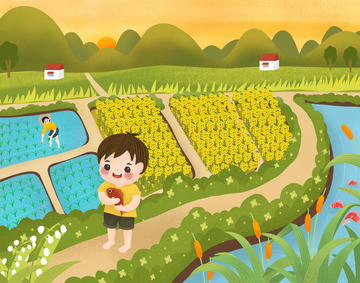 乡村田埂池塘小男孩抱鱼归来