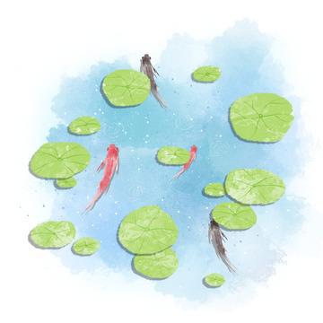 手绘国画淡彩荷塘鲤鱼立夏池塘大暑夏季