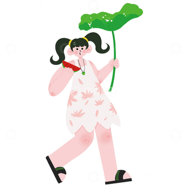 源文件下载【趣麦麦图】-手绘扁平立夏节气吃西瓜青春女孩