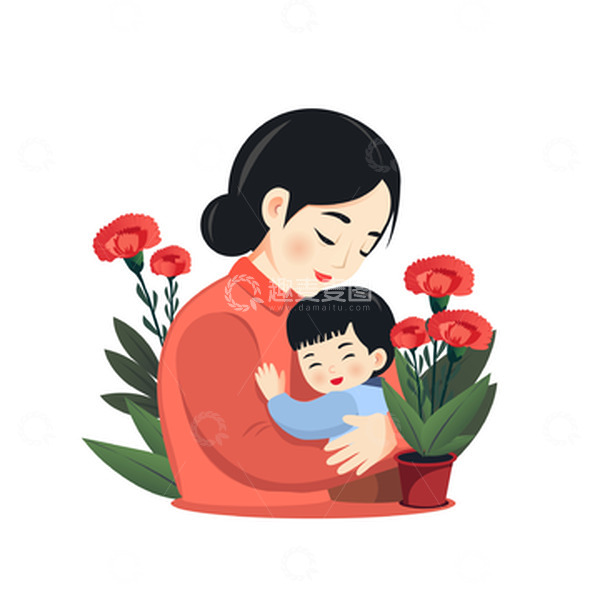源文件下载【趣麦麦图】母亲节妈妈小孩康乃馨鲜花绿植拥抱