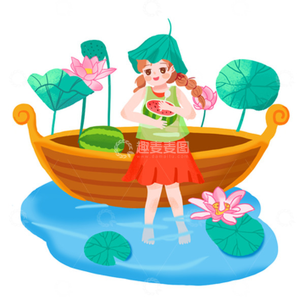 源文件下载【趣麦麦图】立夏女生坐在船上吃西瓜