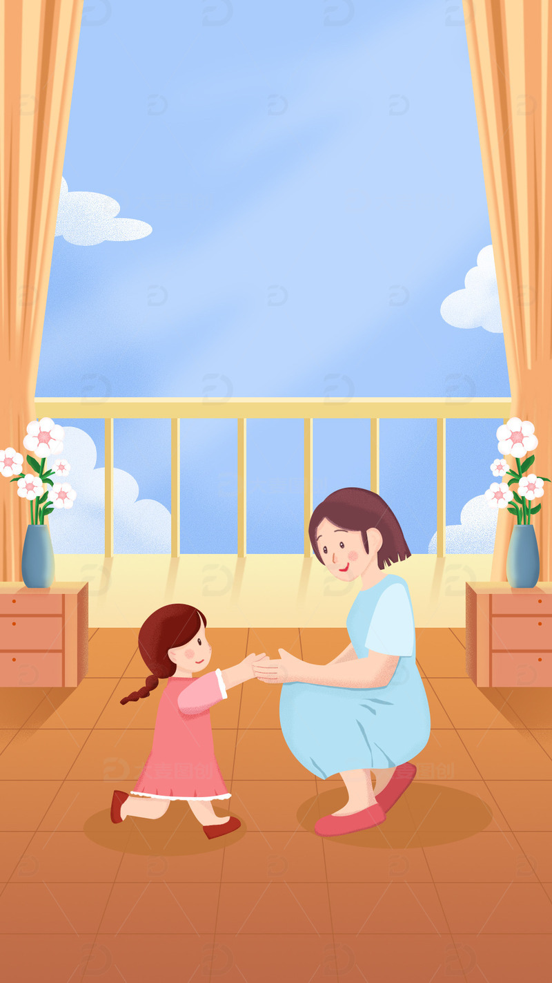 源文件下载【趣麦麦图】母女相拥人物母亲节背景插画