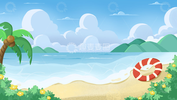 源文件下载【趣麦麦图】-手绘扁平风夏季沙滩背景场景