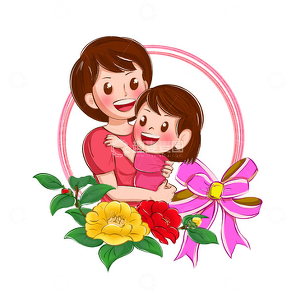 源文件下载【趣麦麦图】母亲节母爱母女拥抱爱心茶花蝴蝶结卡通手绘