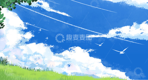 源文件下载【趣麦麦图】蓝天白云春天户外风景装饰插画背景