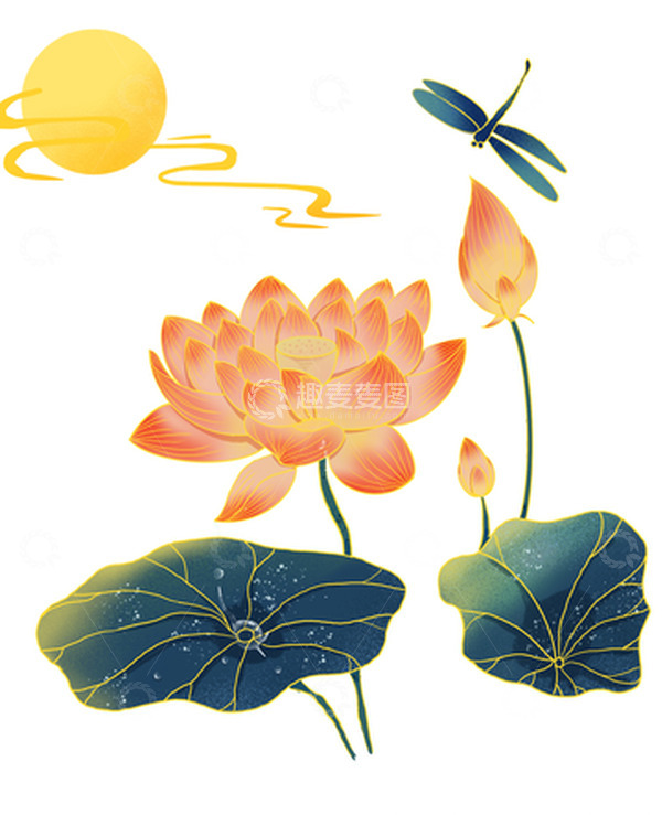 源文件下载【趣麦麦图】国潮山祥云荷花荷叶蜻蜓