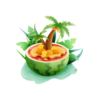 手绘棕榈树西瓜海滩装饰元素