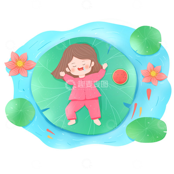 源文件下载【趣麦麦图】-手绘立夏小女孩在荷叶上睡觉小场景