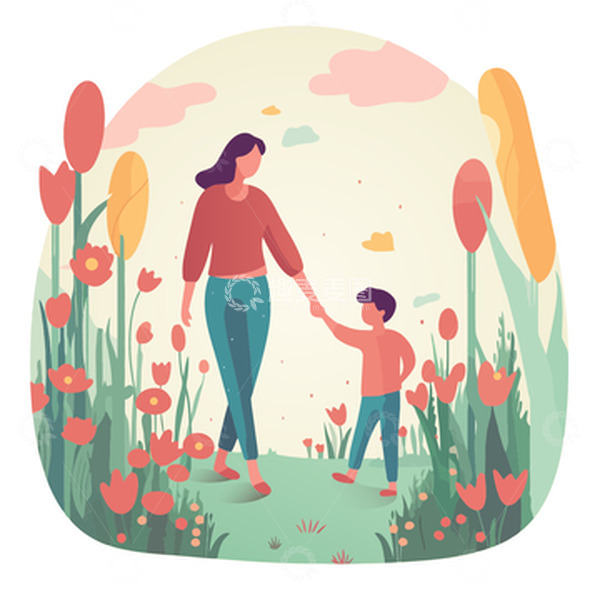 源文件下载【趣麦麦图】矢量插画母亲拉着儿子的手在花丛中散步