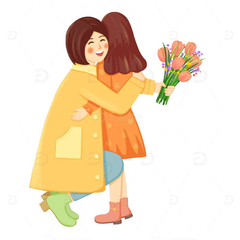 源文件下载【趣麦麦图】手绘母亲节送花感恩亲子拥抱扁平肌理插画