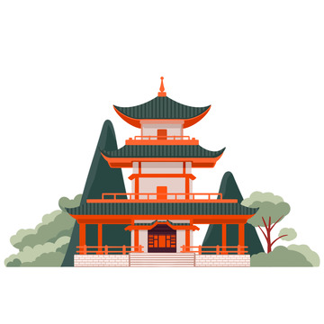 手绘扁平风中国风古建筑免抠元素
