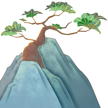 线性新国风松树山峰组合插画