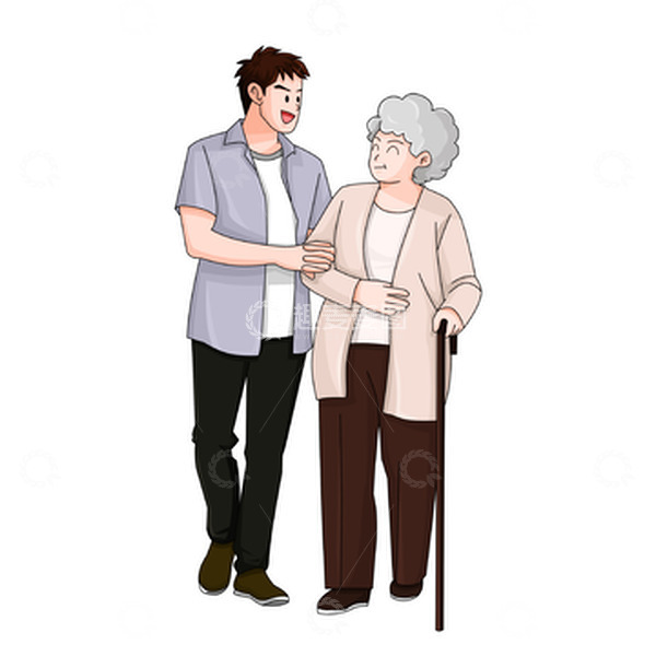 源文件下载【趣麦麦图】儿子陪伴母亲散步的人物场景图