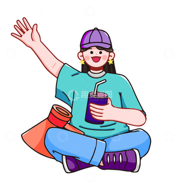 源文件下载【趣麦麦图】手绘坐着动作女孩长发可爱  帽子