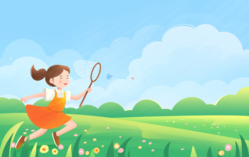 夏天户外草地儿童捕蝴蝶插画背景