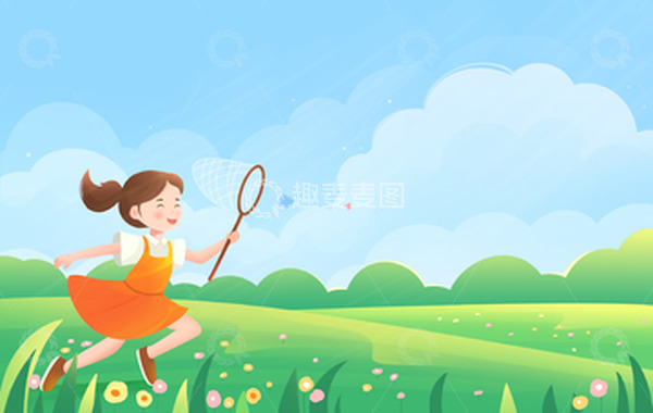 源文件下载【趣麦麦图】-夏天户外草地儿童捕蝴蝶插画背景